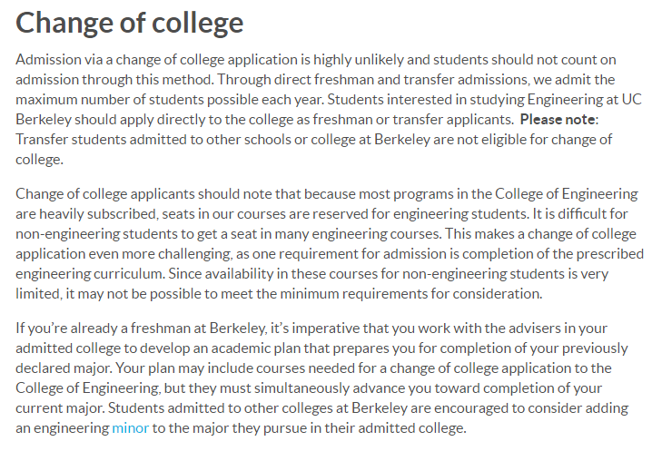 Screenshot of UC Berkeley's College Change page