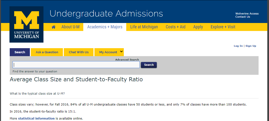 Screenshot of University of Michigan's FAQ page on class size